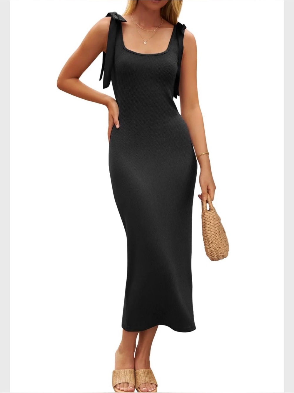 MEROKEETY SQUARE NECK RIBBED KNIT BODYCON MIDI DRESS